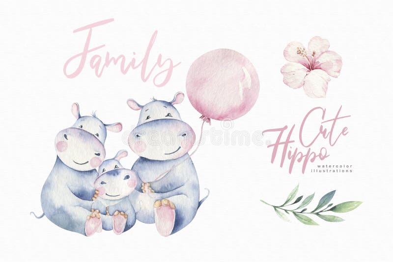 Hand drawn cute isolated tropical summer watercolor hippo animals. hippopotamus baby and mother cartoon animal illustrations, jungle tree, brazil trendy design.