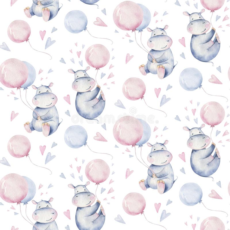 Hand drawn cute isolated tropical summer watercolor hippo animal seamless pattern. hippopotamus baby and mother cartoon animal illustrations, jungle tree, brazil trendy design. Hand drawn cute isolated tropical summer watercolor hippo animal seamless pattern. hippopotamus baby and mother cartoon animal illustrations, jungle tree, brazil trendy design.