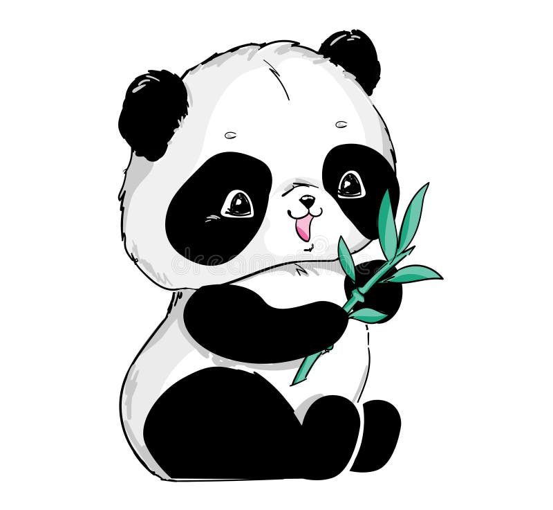 Hand Drawn Cute Panda with Bamboo Illustration Vector Stock ...