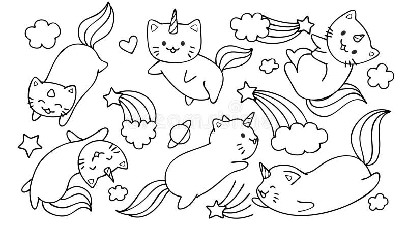 Hand Drawn Cute Unicorn  Cats Flying With Stars And Clouds 