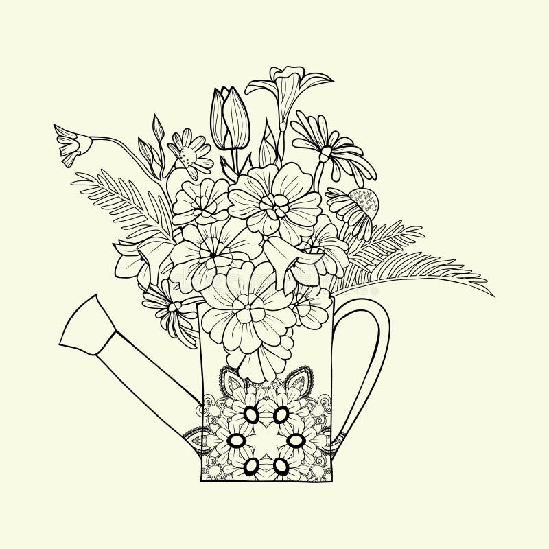 Download Hand Drawn Decorated Image Watering Can With Flower And ...