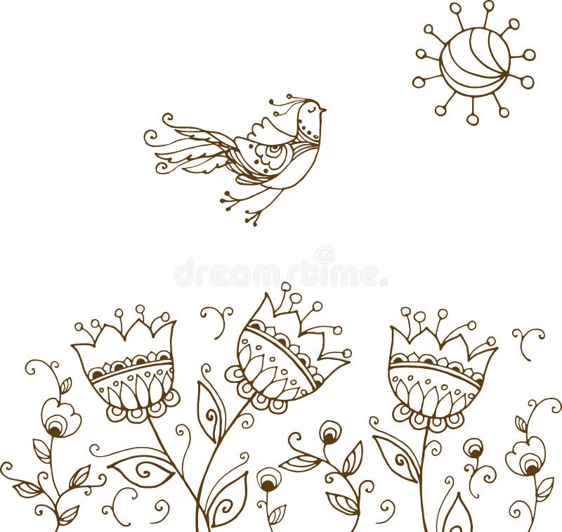Background with hand drawn decorative flying bird, sun and flowers. Background with hand drawn decorative flying bird, sun and flowers