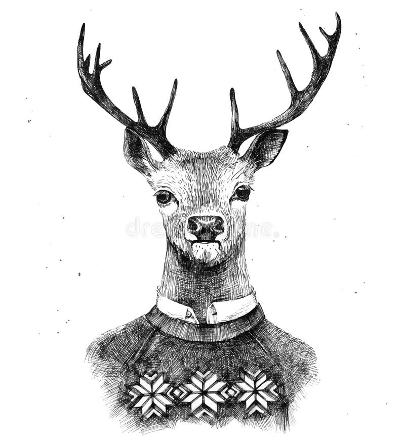 Hand drawn deer in kneated sweater