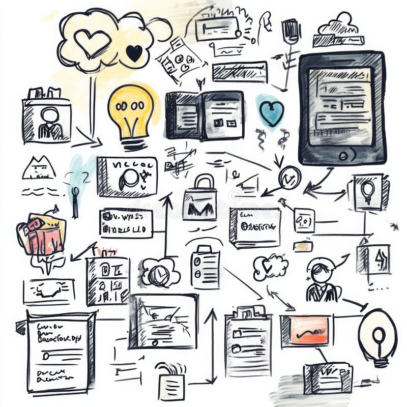 Hand-drawn digital marketing strategy diagram with cloud and tablet elements stock image