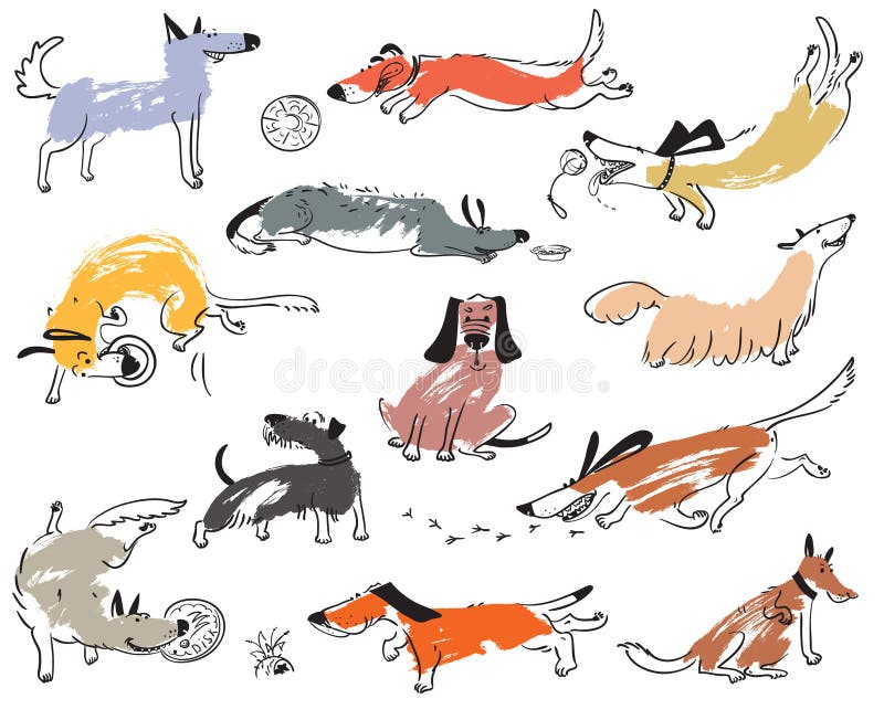Hand drawn doodle cute dogs. Illustration set with plaing pets w