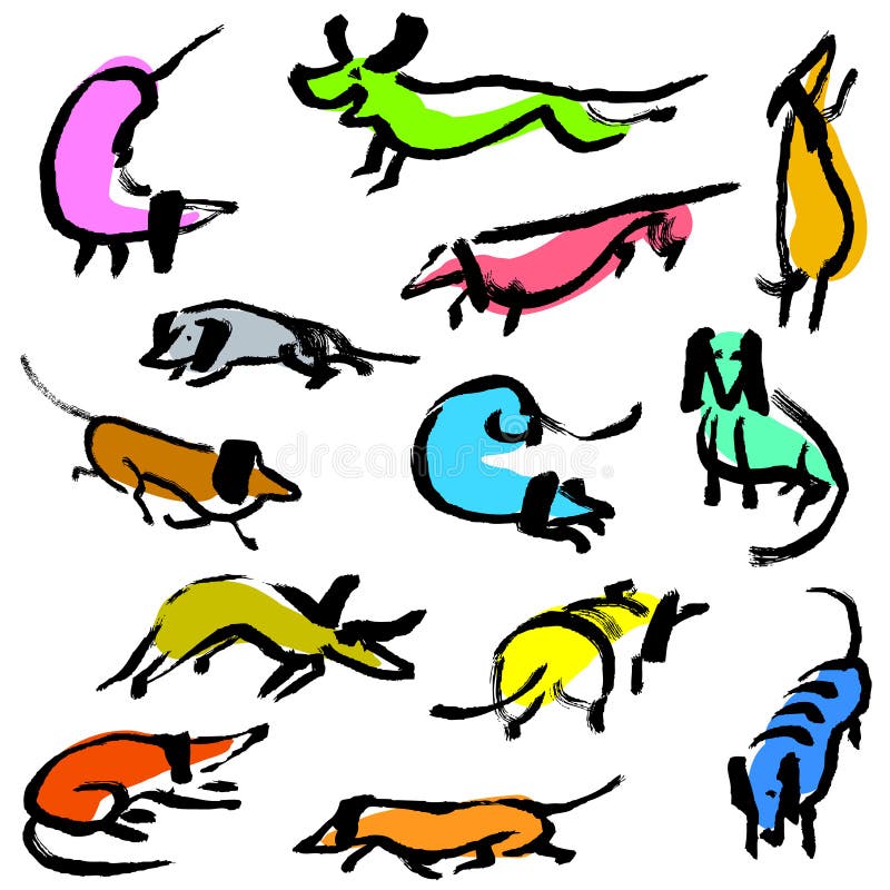 Hand drawn doodle dachshund dogs. Artistic canine vector