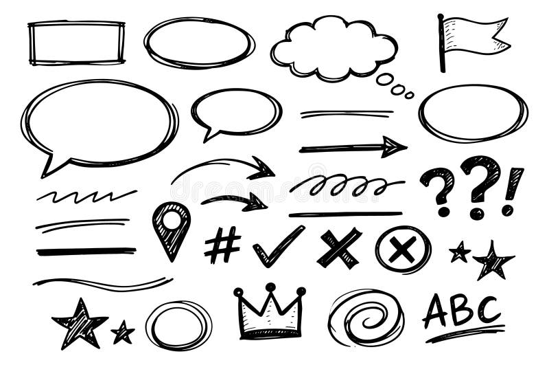 Hand drawn doodle elements set featuring speech bubbles, arrows, frames, and various symbols for design projects and annotations. Annotations ai stock images, royalty-free photos and pictures