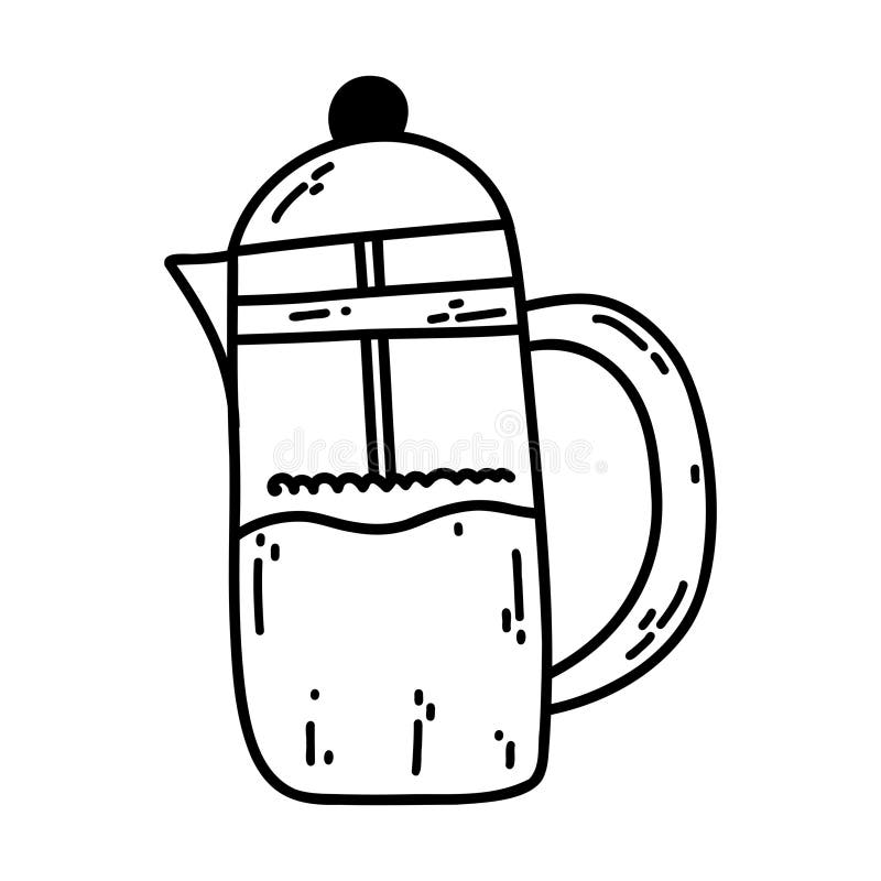 Hand Drawn Doodle French Press Coffeemaker. Outline Vector Illustration