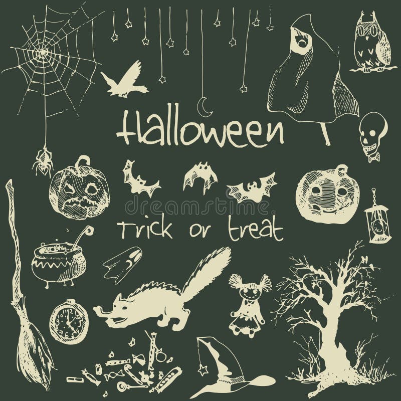 Hand drawn doodle halloween party elements. Chalk outlined objects, blackboard background Design illustration for poster