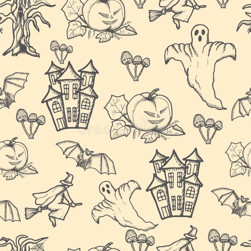 Hand drawn doodle Halloween seamless pattern. Black pen objects drawing. royalty free illustration