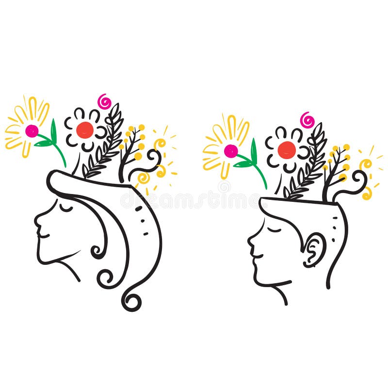 Hand Drawn Doodle Human with Flower Thought Symbol for Mental Health ...