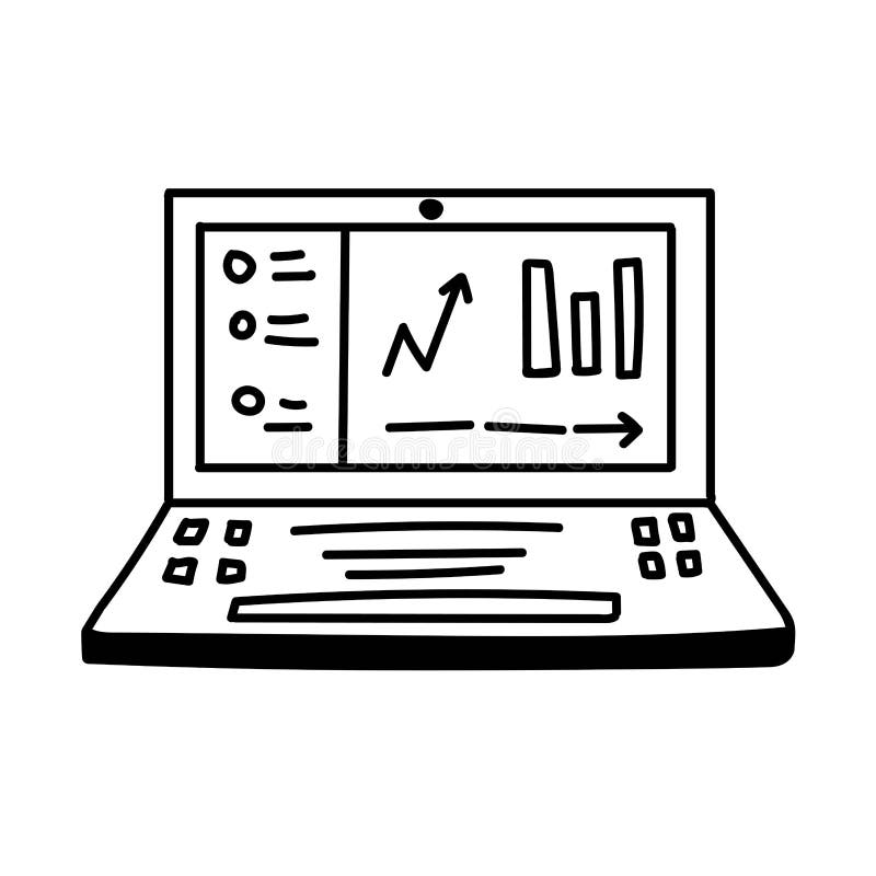 Hand drawn doodle notebook or laptop, computer. Simple vector illustration. Big screen and some buttons above stock illustration