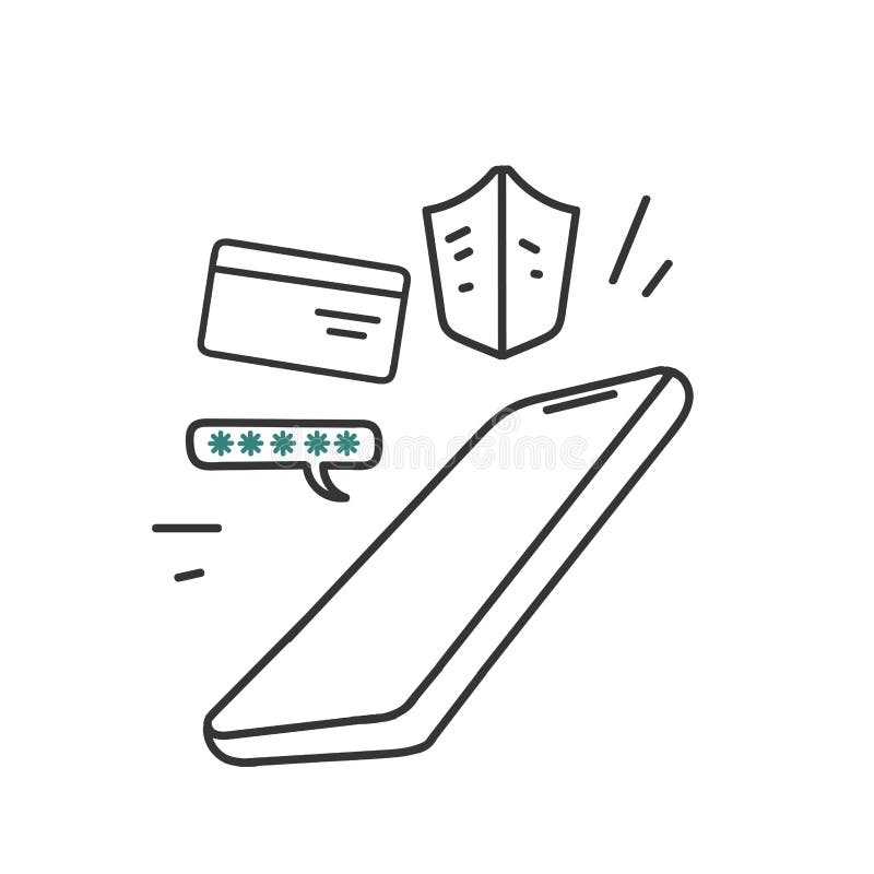 Hand Drawn Doodle Mobile Phone Card Shield and Password Illustration