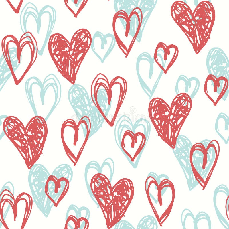 Hand Drawn Doodle Retro Palette Coral Hearts Valentine`s Day vector Seamless Pattern. Cute Graffity Background