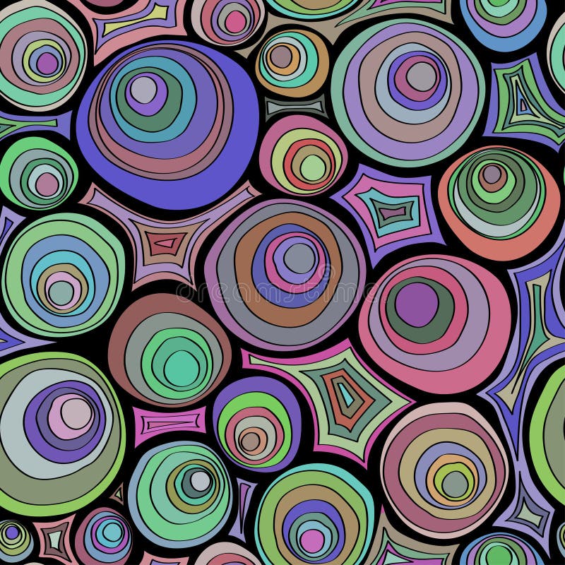Hand drawn doodle seamless pattern with circles ornament. Crazy color palette. Psychedelic concentric circles. stock illustration