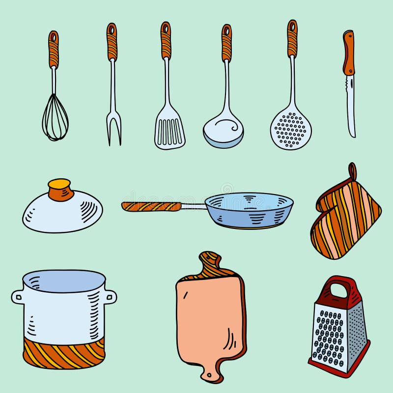 Kitchen utensils, cooking stuff hand drawn sketch set, collection