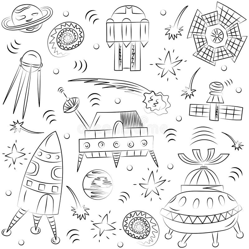 Hand Drawn Doodle Spaceships, Rockets, Falling Stars, Planets and Comets . Sketch Style. vector illustration Hand Drawn Doodle Spaceships, Rockets, Falling Stars, Planets and Comets . Sketch Style. vector illustration