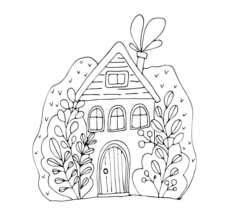Hand drawn doodles cartoon house in the village. Black and white cute bulding line art vector illustration stock illustration Hand drawn doodles cartoon house in the village. Black and white cute bulding line art vector illustration stock illustration