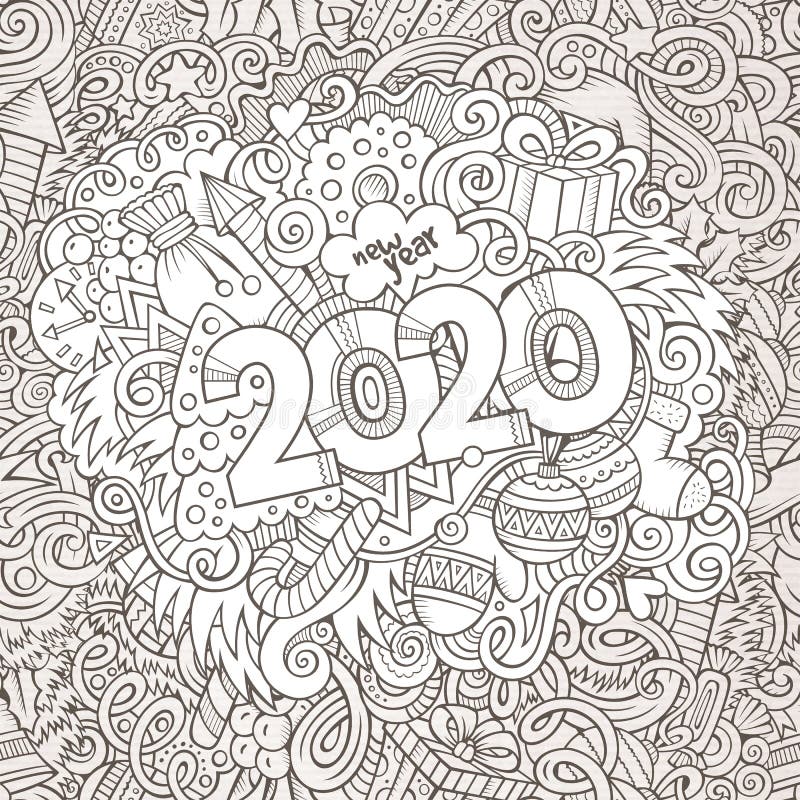 2020 Hand Drawn Doodles Contour Line Illustration. New Year Poster ...