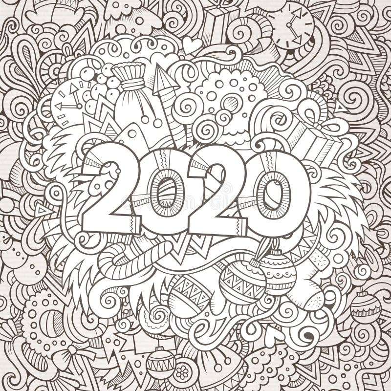 2020 Hand Drawn Doodles Contour Line Illustration. New Year Poster ...