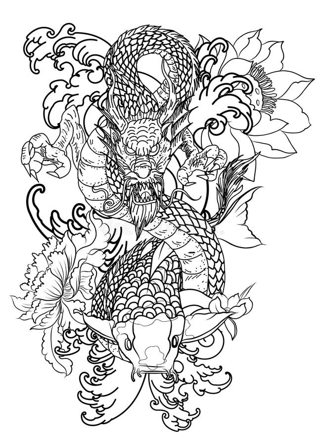 Download Hand Drawn Dragon And Koi Fish With Flower Tattoo For Arm ...