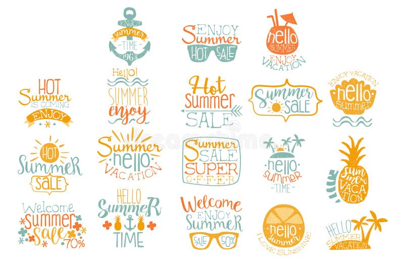 Hand drawn elements for summer calligraphic logo design. Beach vacation and hot sale concepts. Lettering with cocktails