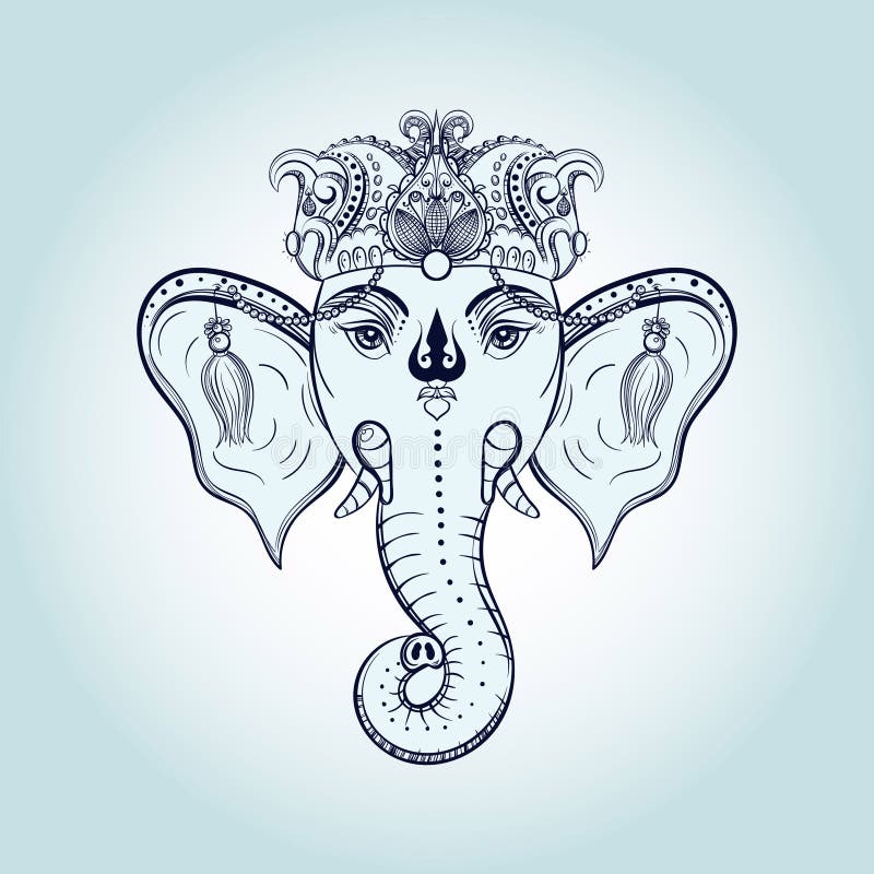 Hand Drawn Elephant Head Indian God Lord Hindu Deity 