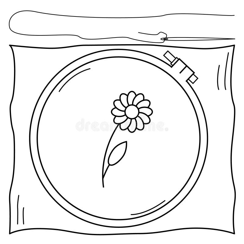 Hand Drawn Embroidery Tools, Fabric, Hoop and Needle with Thread. Hobby
