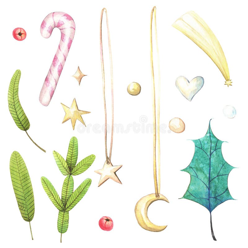 Set of Watercolor Christmas clipart objects on white background. Hand drawn emerald turquoise Holly leaf, lollipop, gold stars, moon with rope, fir-tree spruce branch, red rowan berry. Water colour