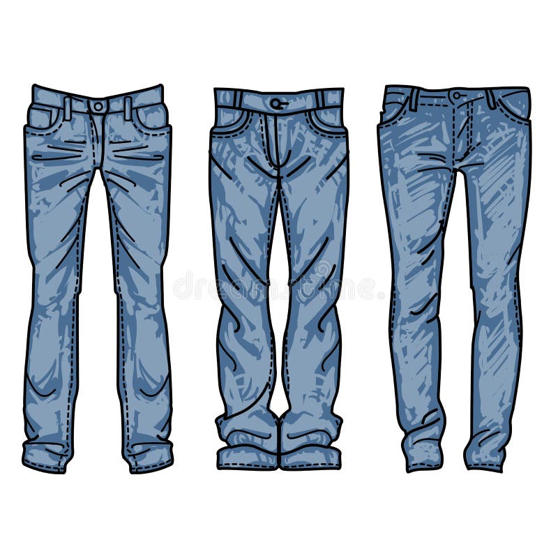 Hand Drawn Fashion Collection of Men`s Jeans. Drawing Blue Jeans Stock ...