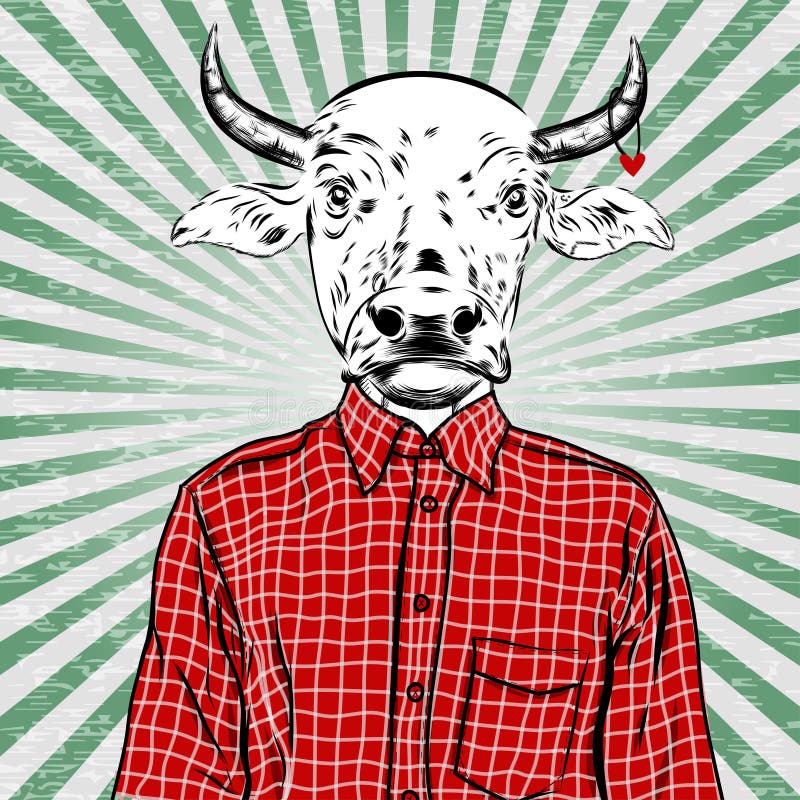 Hand Drawn Fashion Illustration of dressed up bull, in colors. Vector