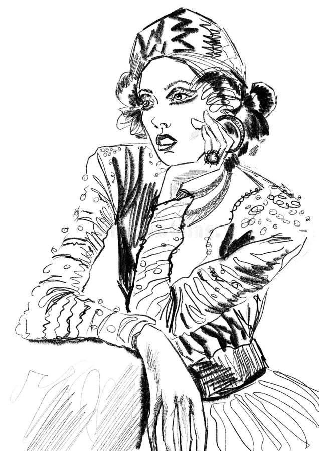 Hand-drawn Fashion Illustration of Imaginary Glamour Grotesque Actress ...