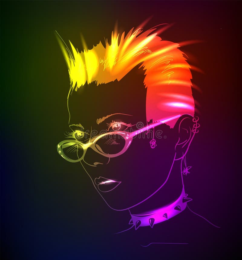 Hand-drawn fashion model from a neon. A light girl`s face