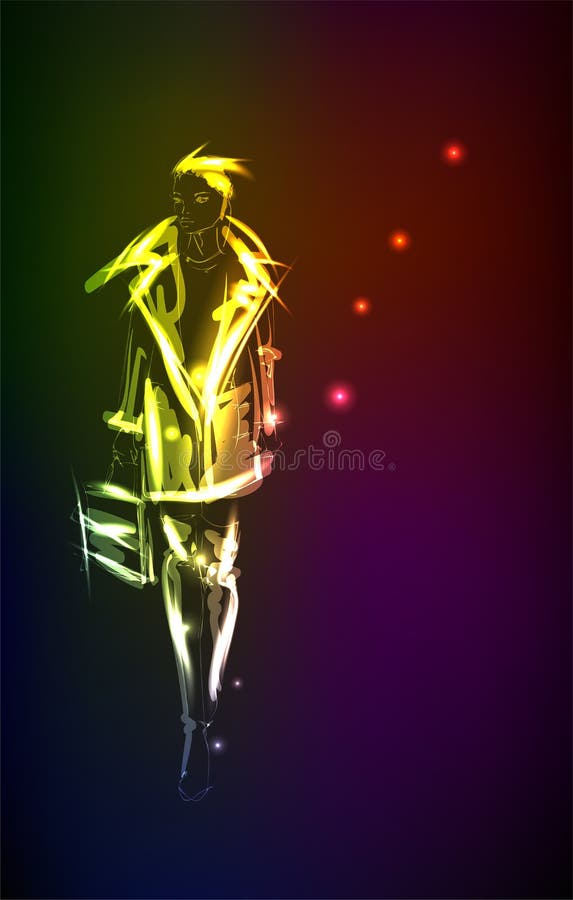 Hand-drawn fashion model from a neon. A light girl`s. Fashion girl. ashion woman