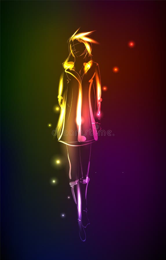 Hand-drawn fashion model from a neon. A light girl`s. Fashion girl. Stylish fashion model. Fashion woman