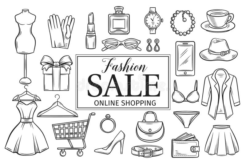 Tijdreeksen correct tevredenheid Hand Drawn Fashion Online Shop Icons Set. Stock Vector - Illustration of  gift, online: 84708552