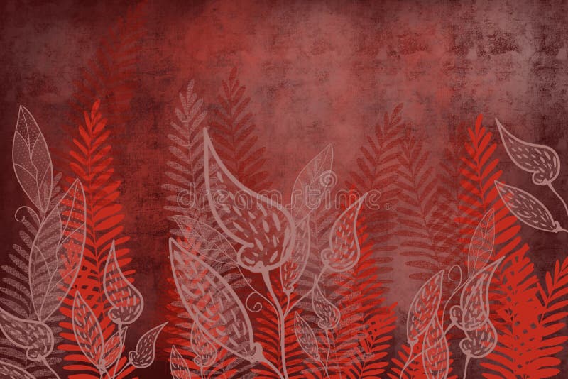 Hand drawn fern and leaf art dyed grunge background with Japanese ink antiqued style background in deep red dark edge