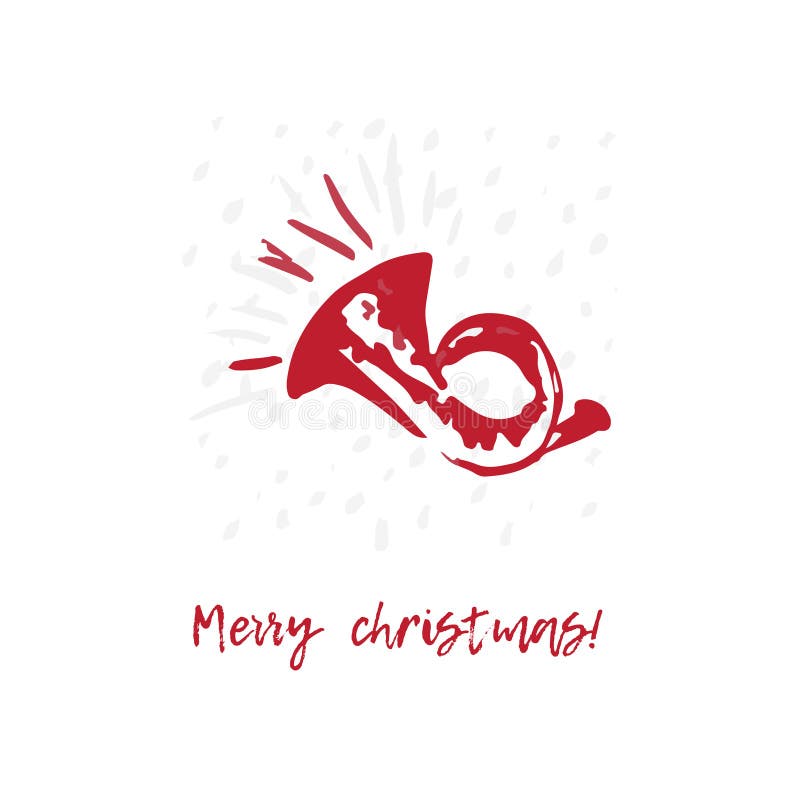 Hand-drawn festive Christmas and New Year card with holiday symbols trumpet and calligraphic greeting inscription vector illustration Hand-drawn festive Christmas and New Year card with holiday symbols trumpet and calligraphic greeting inscription vector illustration