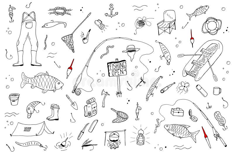 Hand drawn fishing set.Fishing stuff in doodle style.