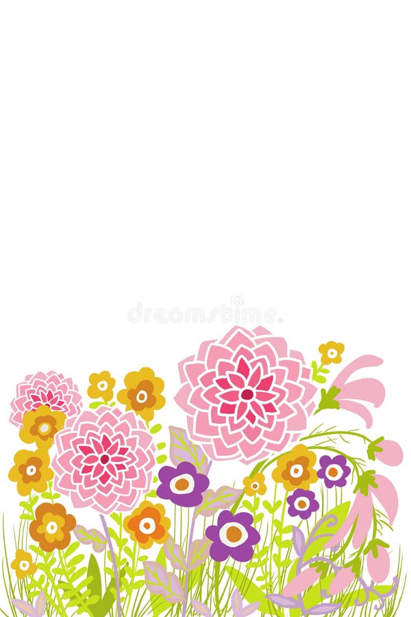Hand drawn flat floral Border graphic design for covers, posters, background, garden scene spring and summer