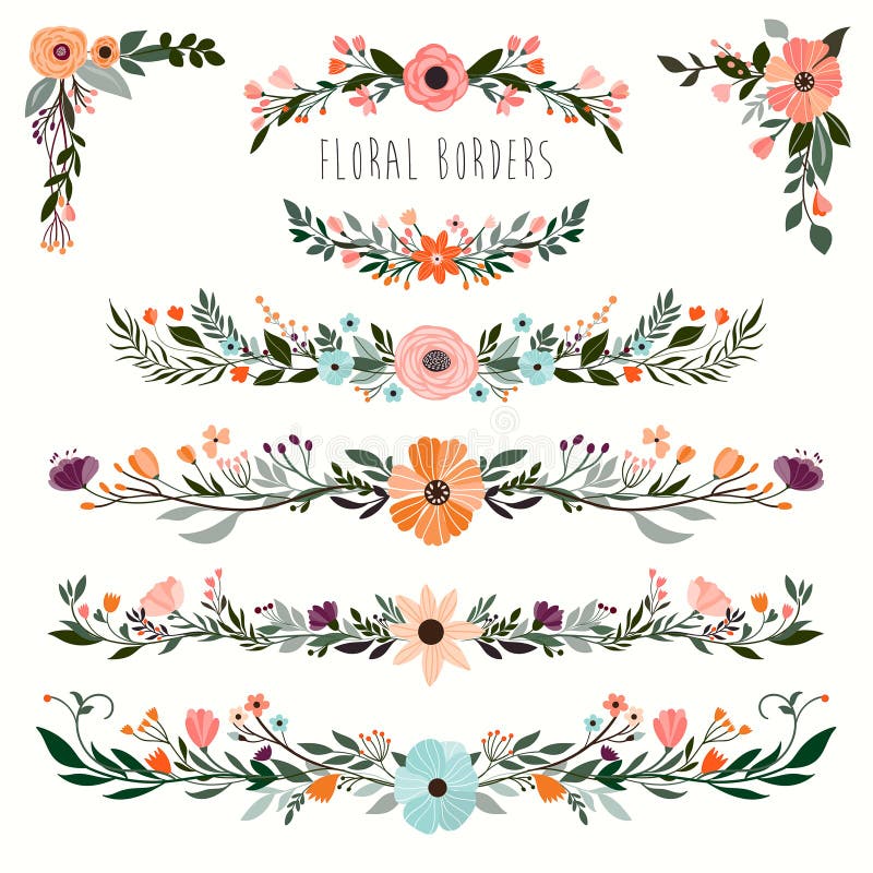 Floral borders collection with decorative hand drawn garlands and floral corners. Floral borders collection with decorative hand drawn garlands and floral corners