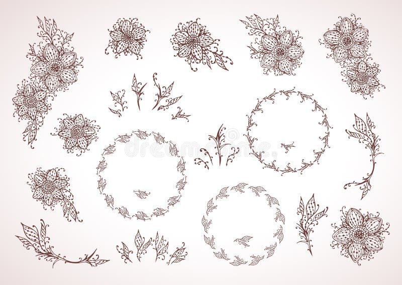 Hand drawn floral elements for design, frames and flowers. In re royalty free illustration Hand drawn floral elements for design, frames and flowers. In re royalty free illustration