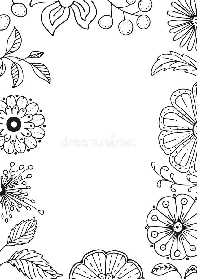 Hand drawn floral frame in doodle style with flowers and leaves, vector illustration