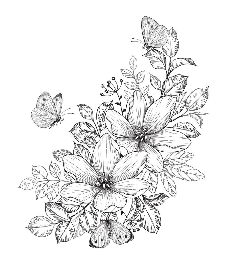 Simple Hand Drawn Floral Composition with Various Big and Small Flowers and  Leaves Isolated on White Background, Warm Ink Drawing Stock Illustration -  Illustration of black, botany: 229669742