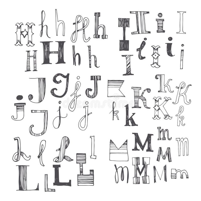 Hand Drawn Font with Several Variants of Letters. H, I, J, K, L Stock ...