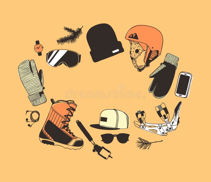 Hand drawn frame with Riders Things. Snowboard Vector background. Sport Actual fashion illustration. Original doodle style drawing royalty free illustration Hand drawn frame with Riders Things. Snowboard Vector background. Sport Actual fashion illustration. Original doodle style drawing royalty free illustration