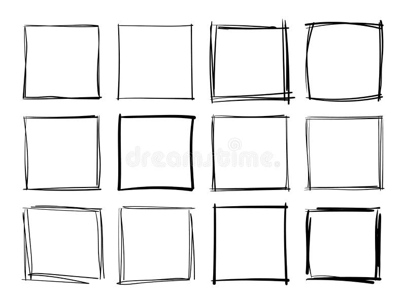 Hand drawn frames. Handdrawn square frame. Vector borders grunge template set. stock illustration