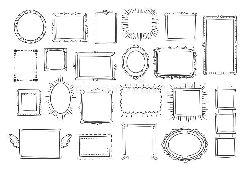Hand drawn frames. Vintage doodle sketch picture frame. Blank black square cadre sketches painted by hands vector set vector illustration