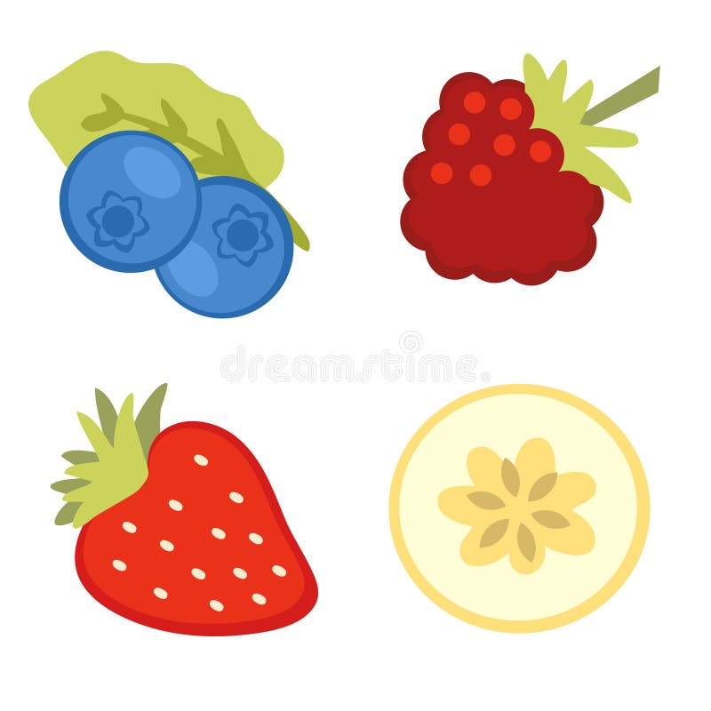 Hand Drawn Fruits Collection Blueberry, Strawberry, Raspberry and
