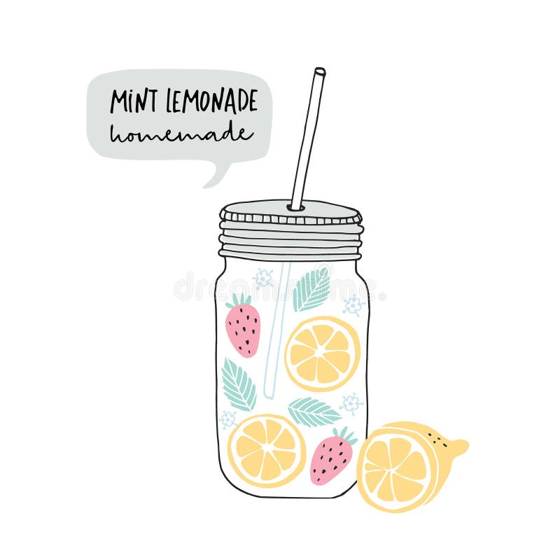Hand drawn glass jar with lemonade made of lemon slices, strawberry fruit, mint and elderflower. Speech bubble with